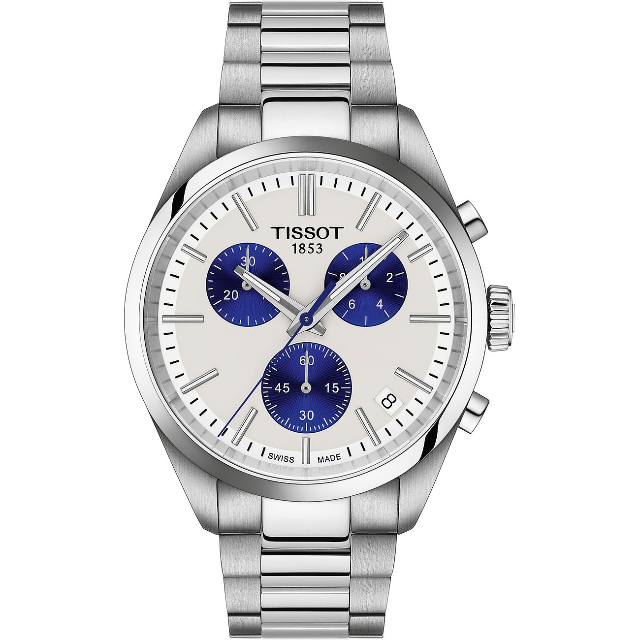 Tissot Herrenuhr aus Edelstahl mit hellem Zifferblatt, drei blauen Chronographen-Zählern und elegantem Band.