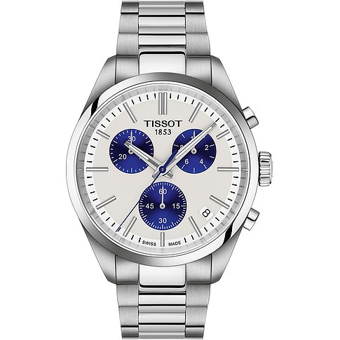 Tissot Herrenuhr aus Edelstahl mit hellem Zifferblatt, drei blauen Chronographen-Zählern und elegantem Band.