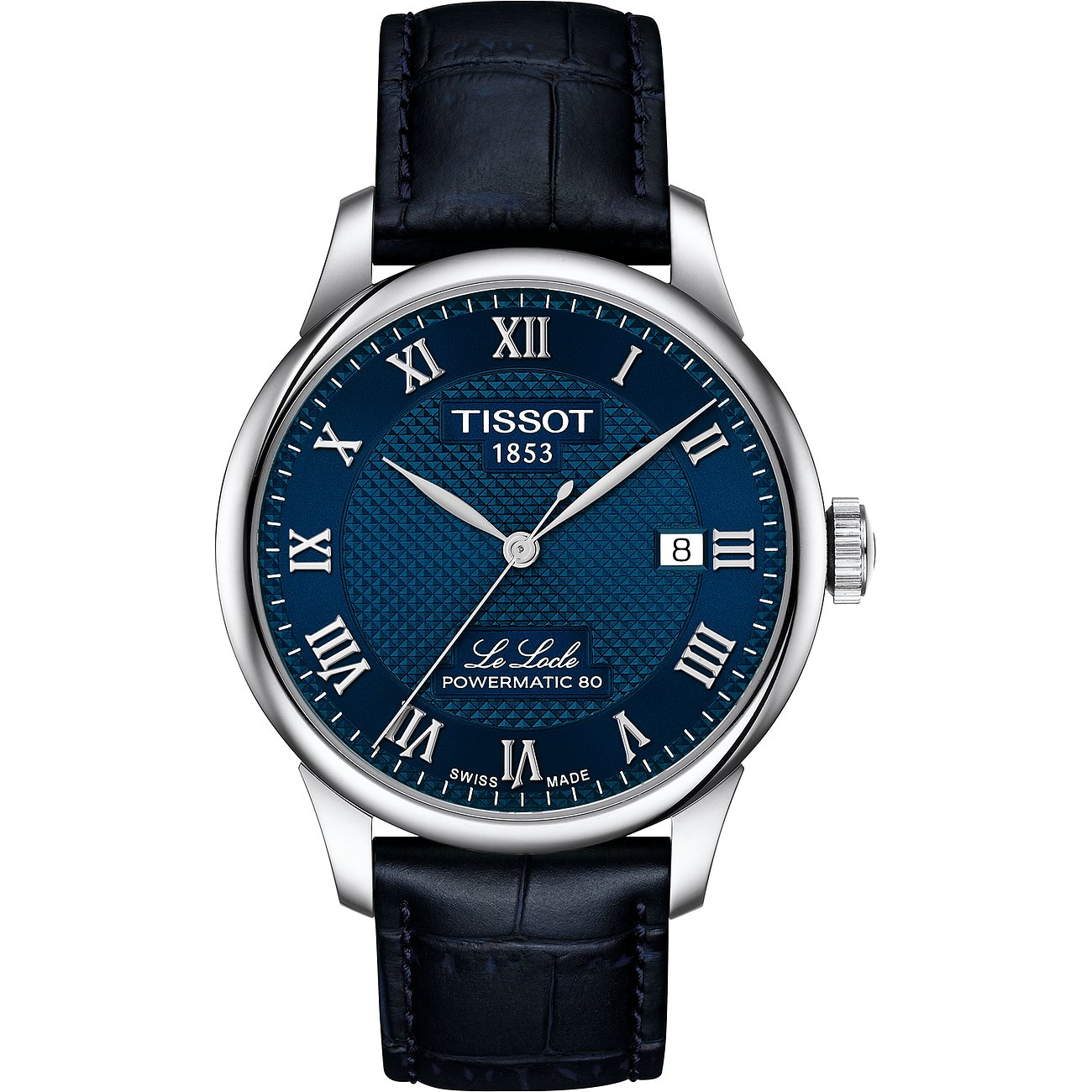 Tissot Herrenuhr aus Edelstahl mit blauem Zifferblatt und römischen Ziffern, Lederarmband, Vorderansicht.