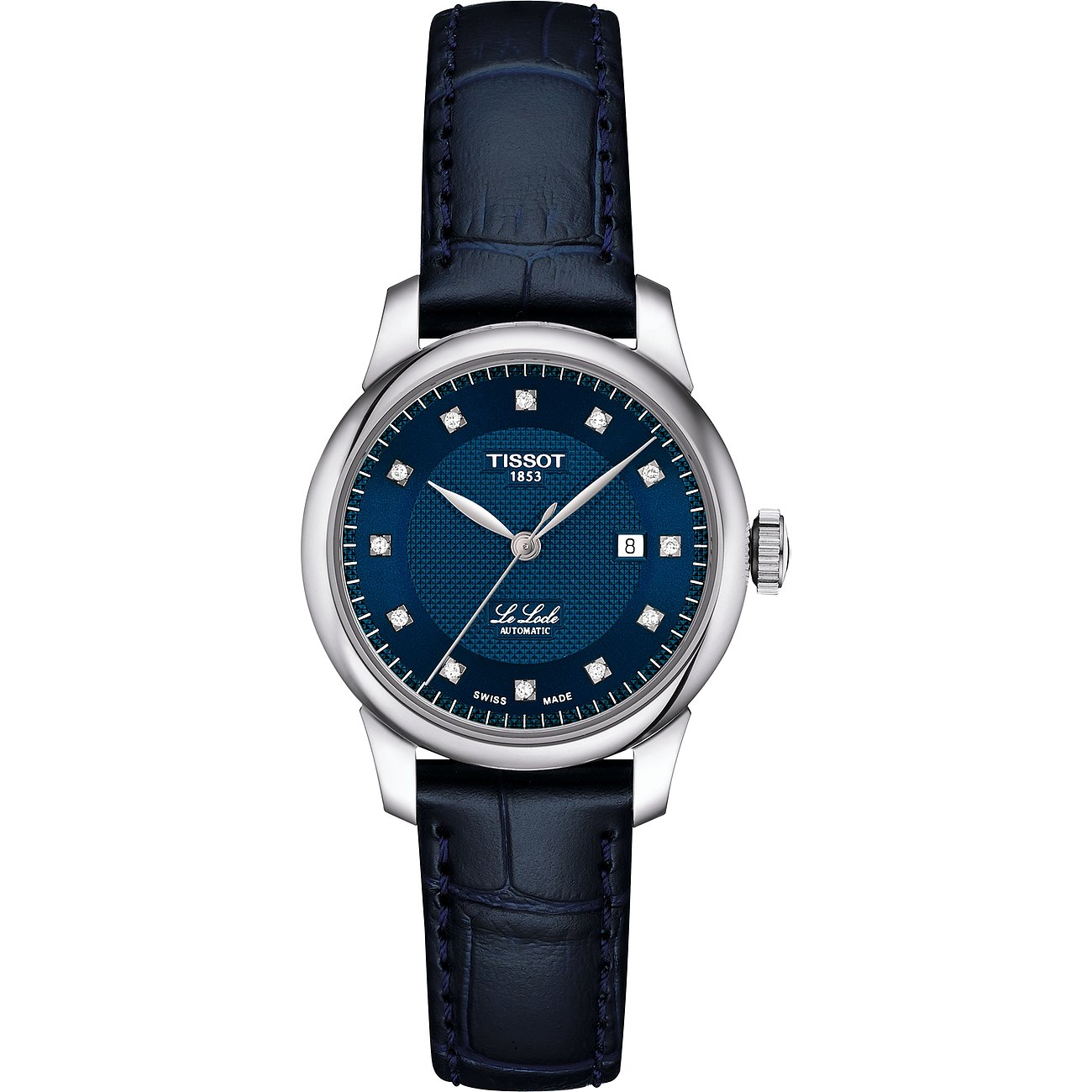 Tissot Damenuhr aus Edelstahl mit blauem Zifferblatt, Diamant-Indizes und blauem Lederarmband.