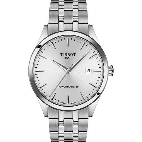 Tissot Herrenuhr aus Edelstahl, Modell Powermatic 80, mit silberfarbenem Zifferblatt und Datumsanzeige.
