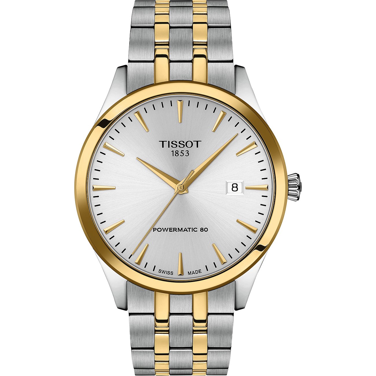 Tissot Herrenuhr aus Edelstahl mit silbernem Zifferblatt und goldenen Details, auf weißem Hintergrund.