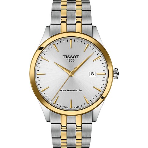 Tissot Herrenuhr aus Edelstahl mit silbernem Zifferblatt und goldenen Details, auf weißem Hintergrund.