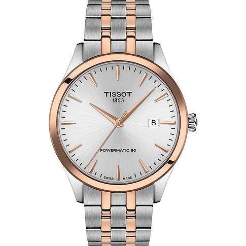Tissot Herrenuhr aus Bicolor-Edelstahl mit roségoldfarbenem Gehäuse und Armband, silbernem Zifferblatt und Datum