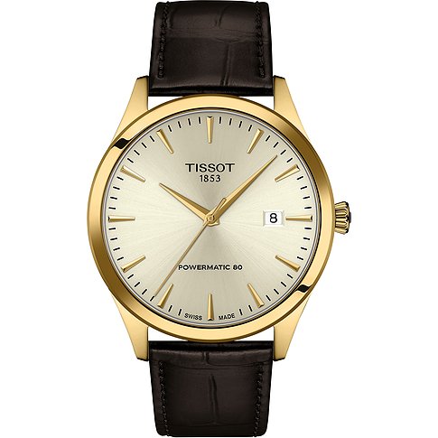 Tissot Herrenuhr: goldfarbener Edelstahl, champagnerfarbenes Zifferblatt, Datumsanzeige, braunes Lederarmband.