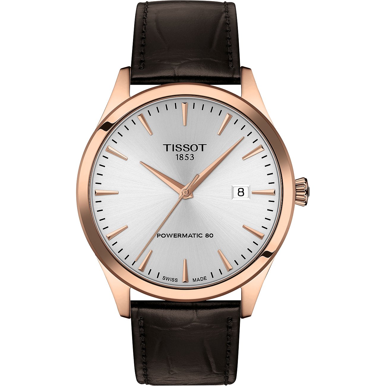 Tissot Herrenuhr aus roségoldfarbenem Edelstahl mit silbernem Zifferblatt, braunem Lederarmband und Datumsanzeige.