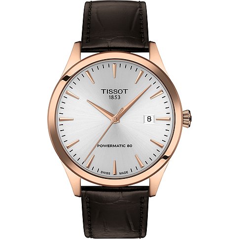Tissot Herrenuhr aus roségoldfarbenem Edelstahl mit silbernem Zifferblatt, braunem Lederarmband und Datumsanzeige.