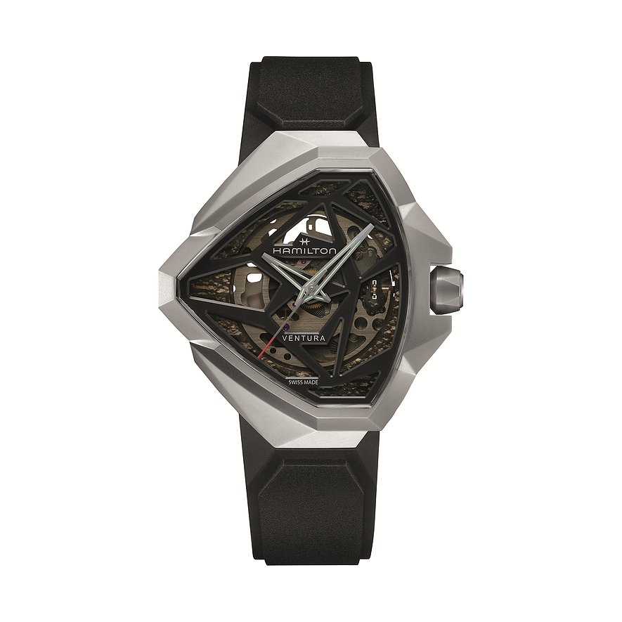 Nahaufnahme einer Hamilton Herrenuhr aus Edelstahl mit einem schwarzen Kautschukarmband.