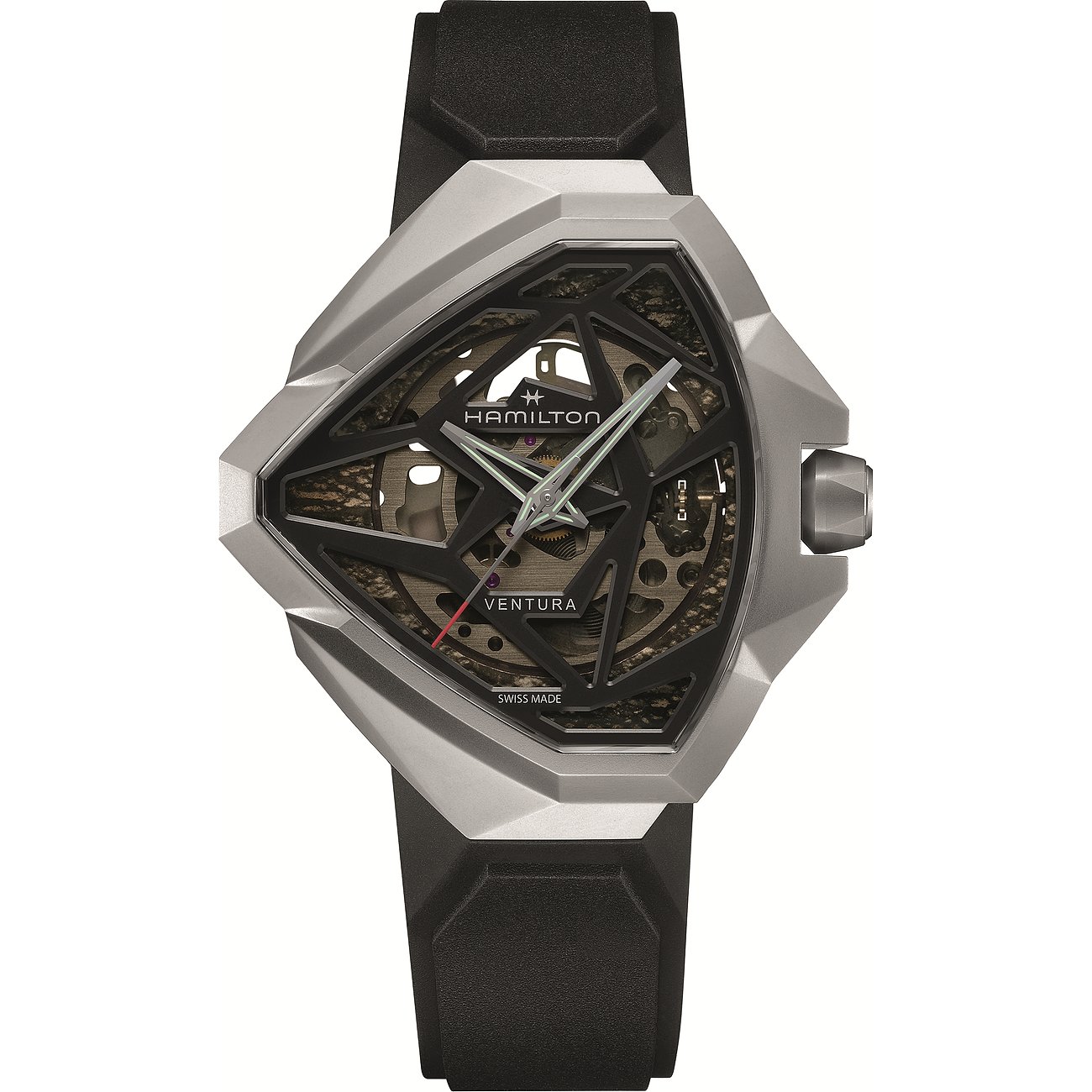 Nahaufnahme einer Hamilton Herrenuhr aus Edelstahl mit einem schwarzen Kautschukarmband.