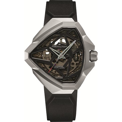 Nahaufnahme einer Hamilton Herrenuhr aus Edelstahl mit einem schwarzen Kautschukarmband.