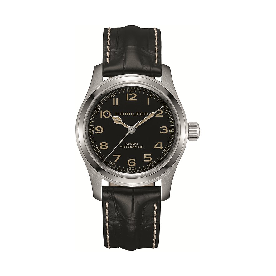Hamilton Khaki Herrenuhr aus Edelstahl mit schwarzem Zifferblatt und schwarzem Kroko-Armband.