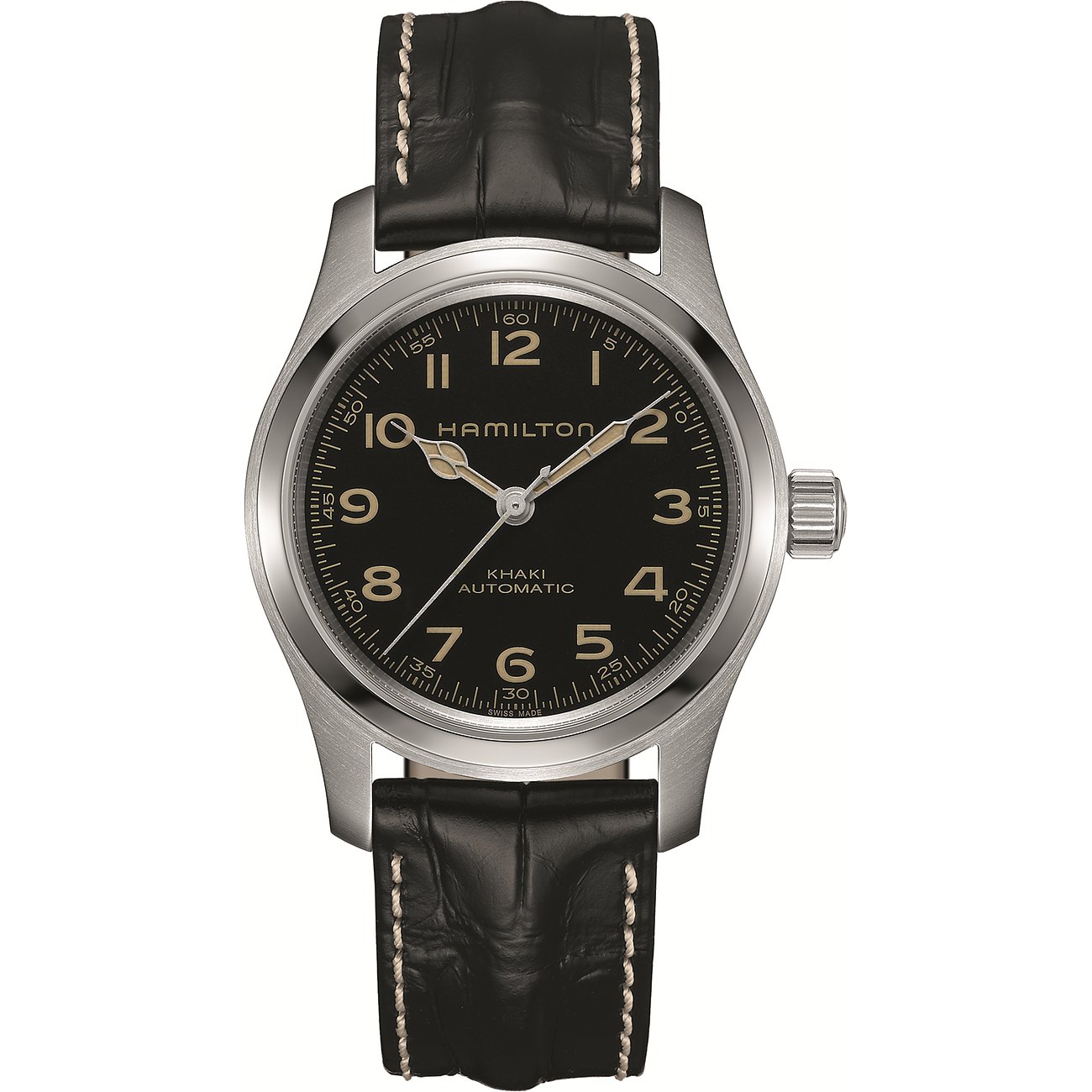 Hamilton Khaki Herrenuhr aus Edelstahl mit schwarzem Zifferblatt und schwarzem Kroko-Armband.