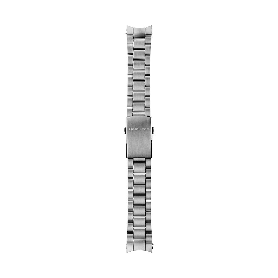 Hamilton Herrenuhr-Armband aus gebürstetem Edelstahl mit integrierter Hamilton-Faltschließe auf weißem Hintergrund.