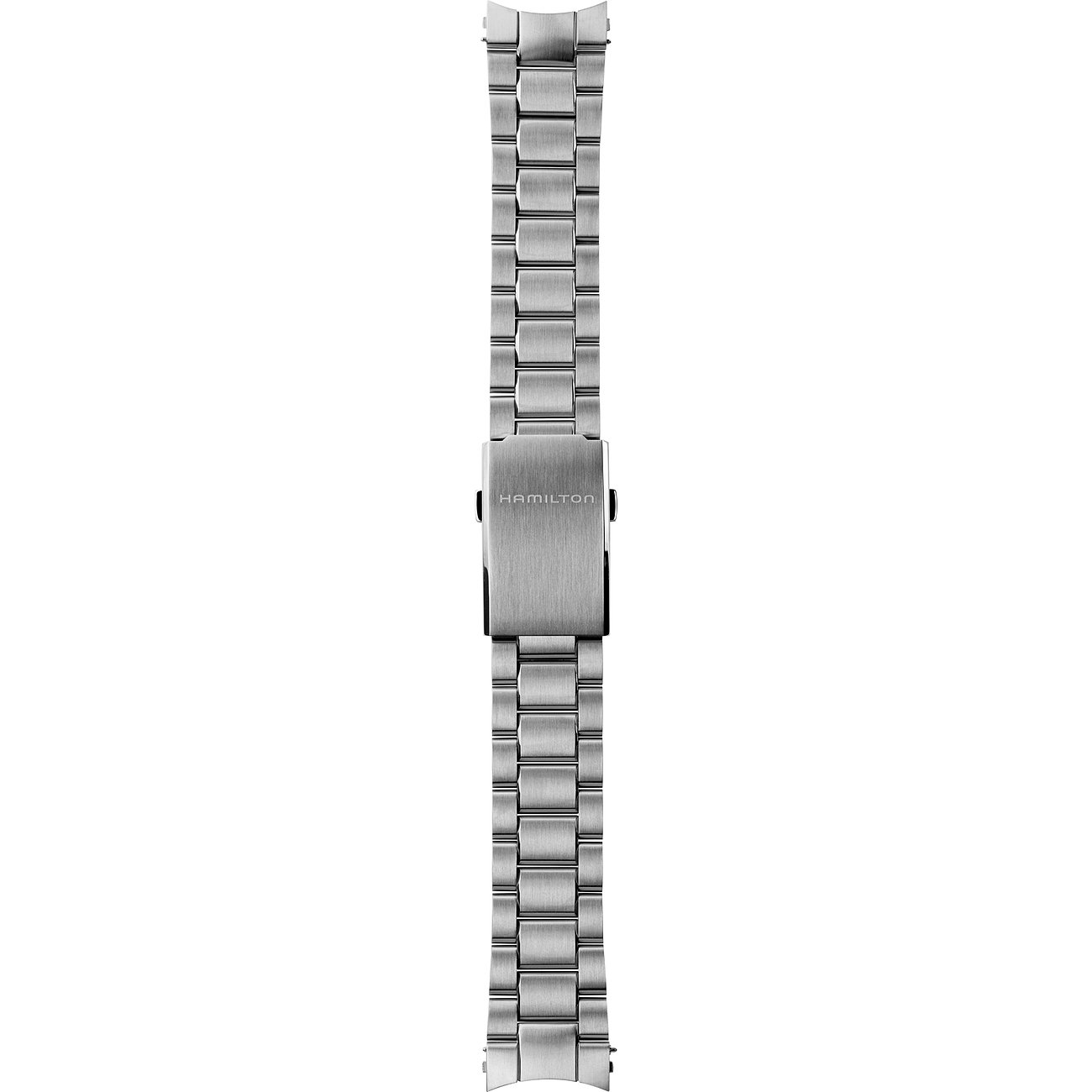 Hamilton Herrenuhr-Armband aus gebürstetem Edelstahl mit integrierter Hamilton-Faltschließe auf weißem Hintergrund.