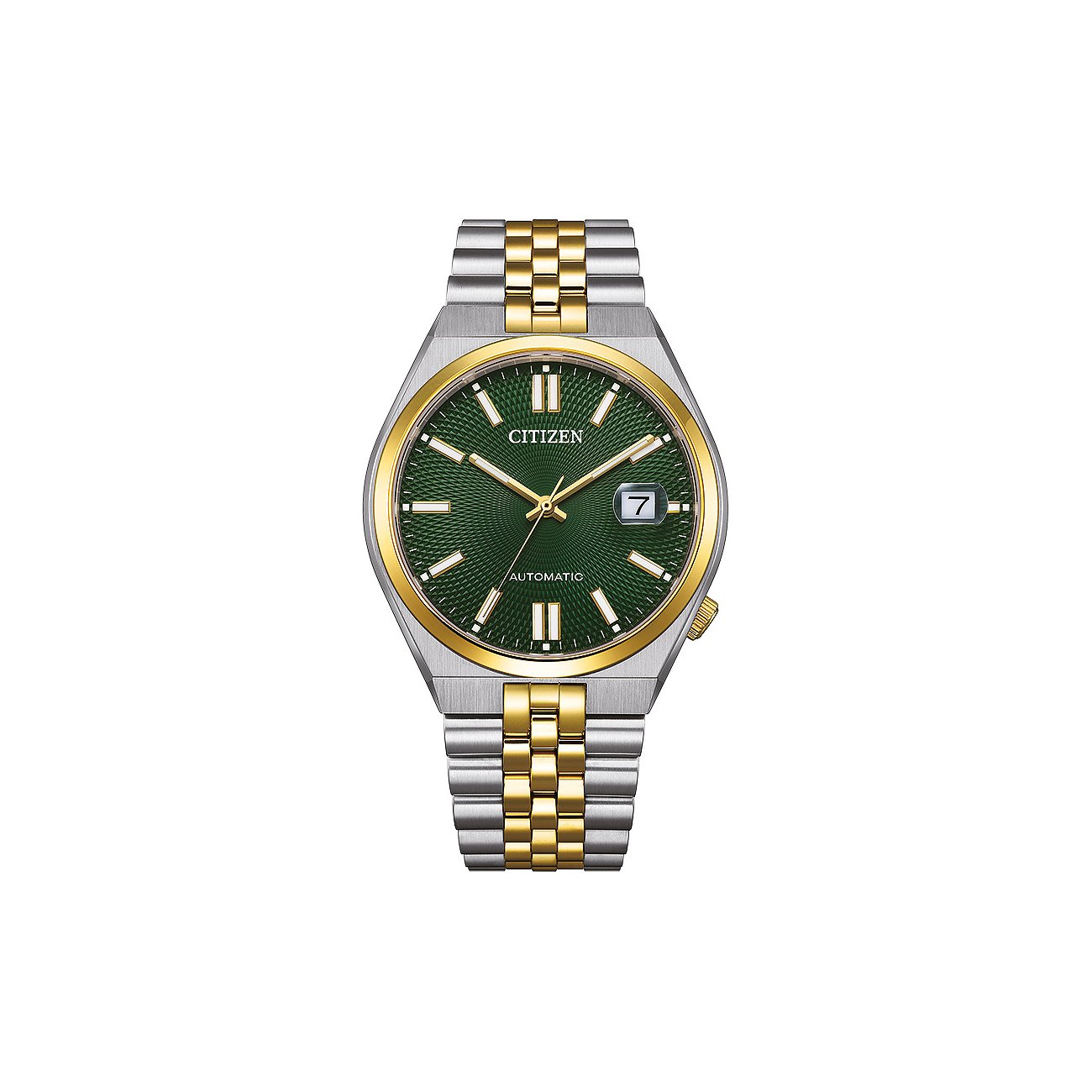 Citizen Herrenuhr aus Edelstahl mit goldenen Akzenten und einem grünen Zifferblatt mit Datumsanzeige.