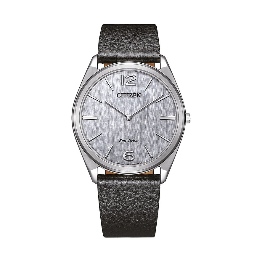 Citizen herenhorloge van edelstaal met gladde lederen band en zilveren wijzerplaat met fijne ets.