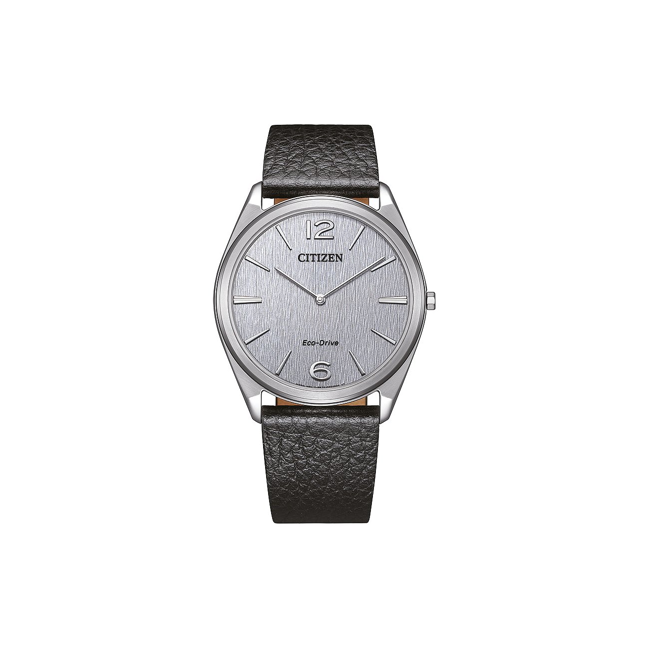 Citizen herenhorloge van edelstaal met gladde lederen band en zilveren wijzerplaat met fijne ets.