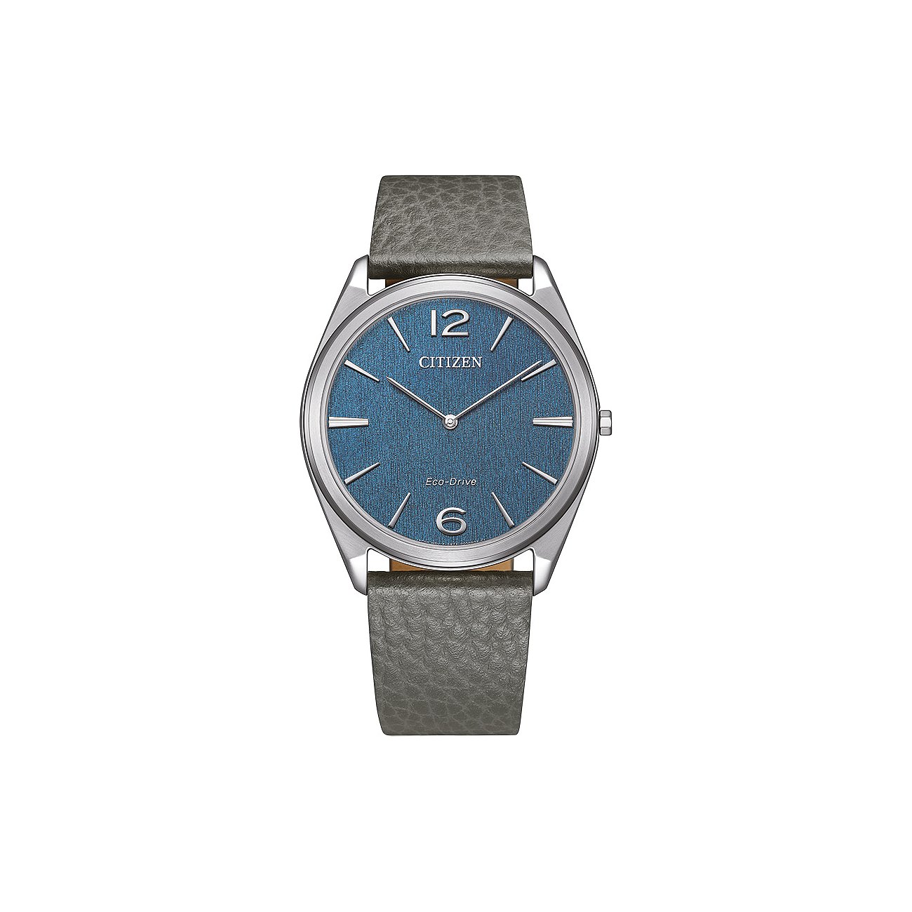 Citizen herenhorloge van roestvrij staal met grijze lederen band en blauwe wijzerplaat