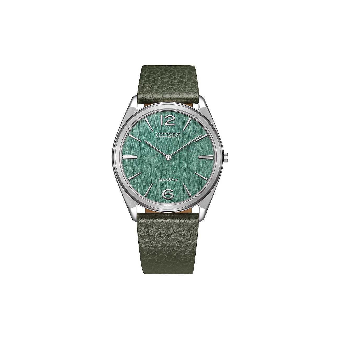 Citizen Herrenuhr aus Edelstahl mit rundem, grünem Zifferblatt und grünem Lederarmband, frontal.