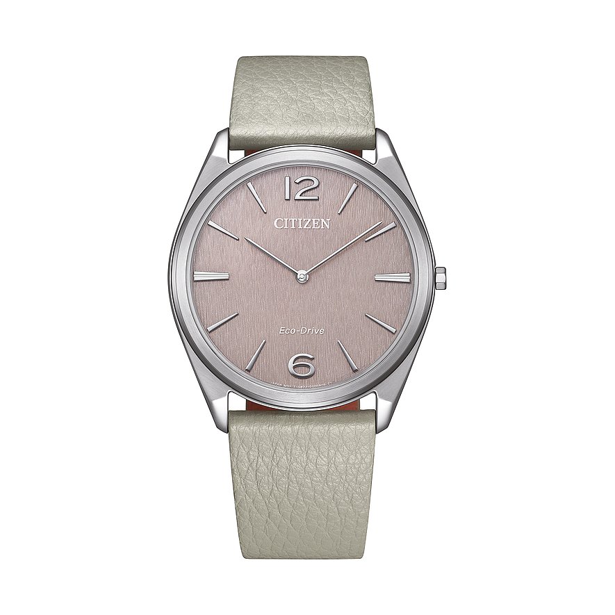 Citizen Herrenuhr aus Edelstahl mit hellem Lederband und rosafarbenem Zifferblatt