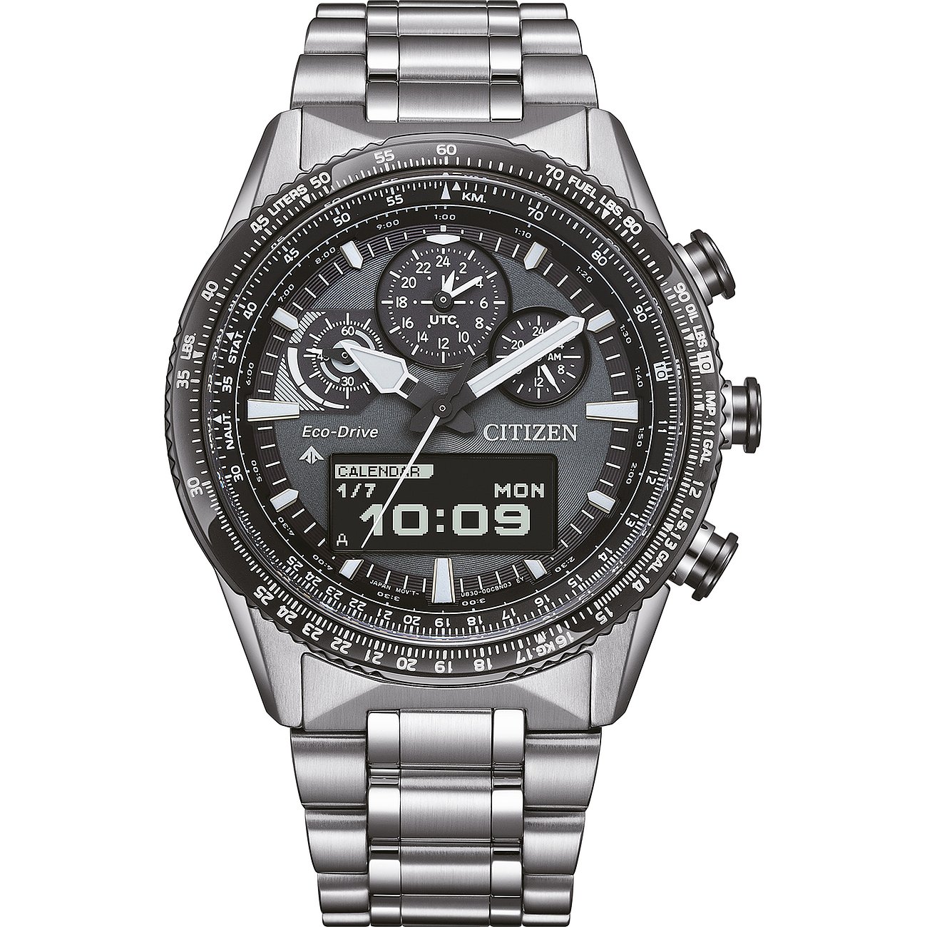 Citizen Herrenuhr aus Edelstahl mit dunklem Zifferblatt, silbernem Gehäuse und Chronographenfunktionen.