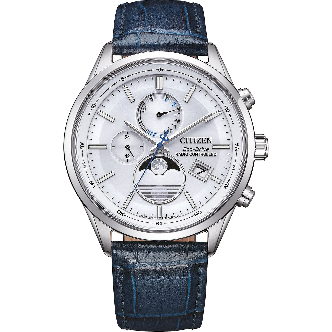 Citizen Herrenuhr aus Edelstahl mit weißem Zifferblatt, drei Hilfszifferblättern und blauem Lederarmband.