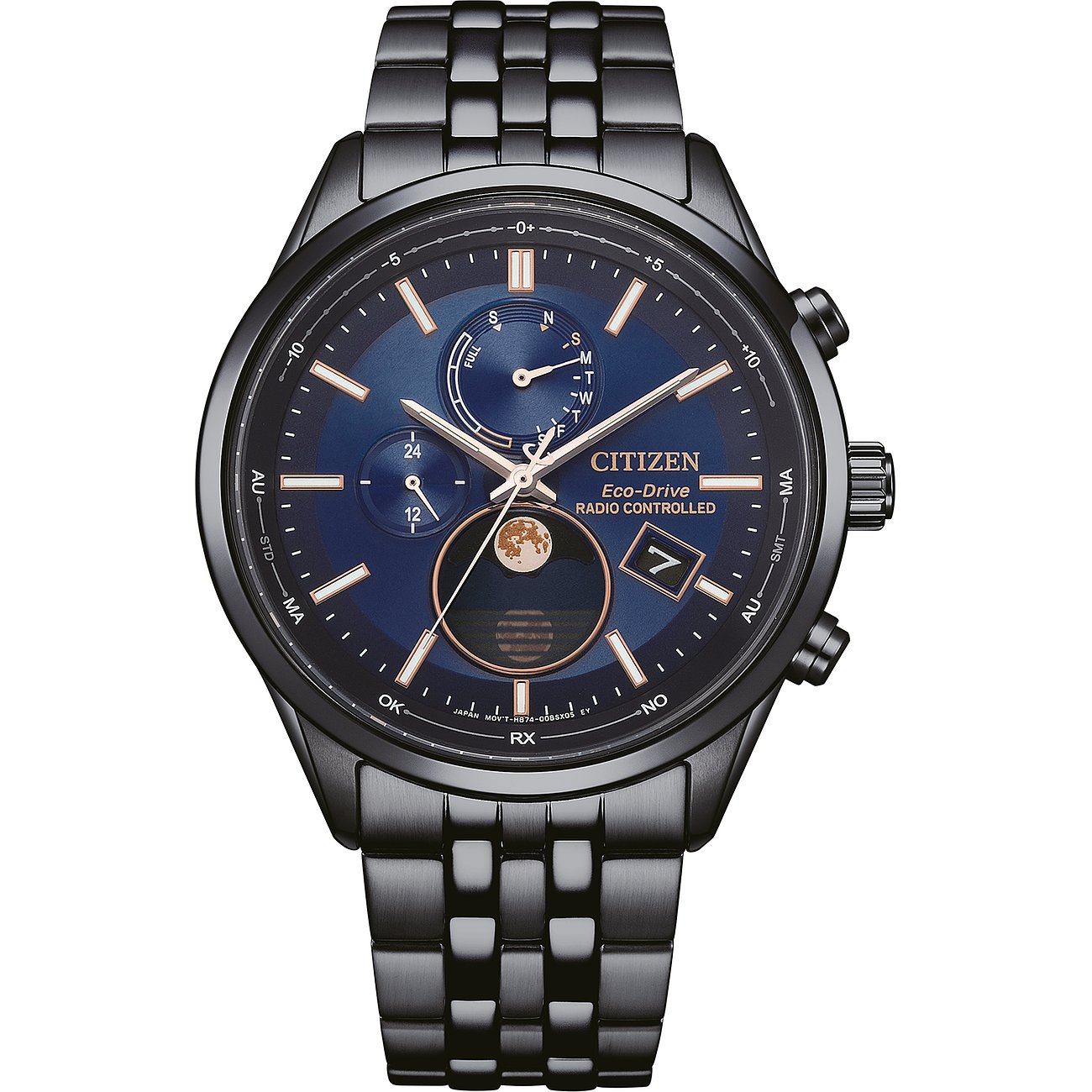 Citizen Herrenuhr aus schwarzem Edelstahl mit blauer Lünette, hellen Zeigern und mehreren Zifferblättern.