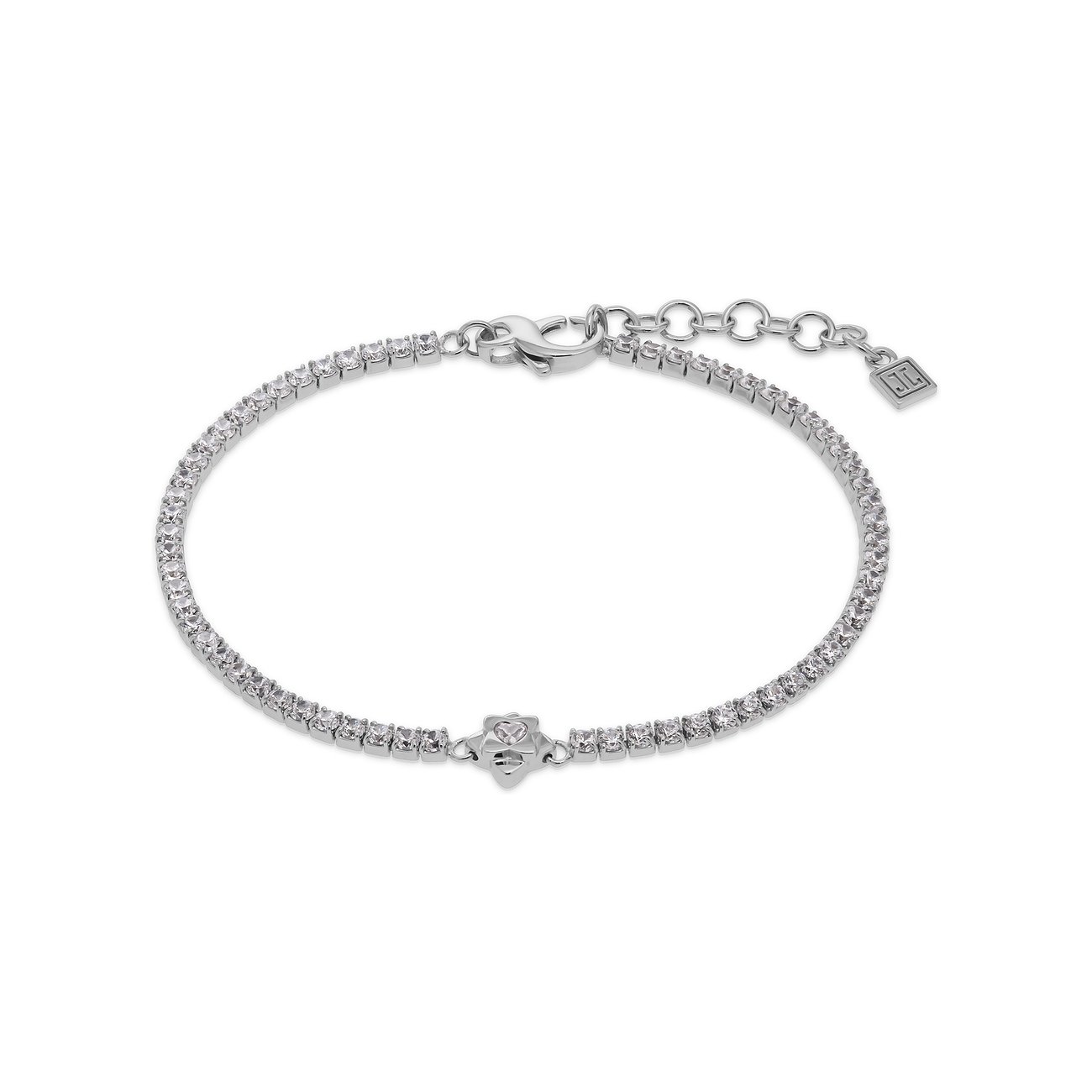 JETTE Armband aus recyceltem 925er Silber mit durchgehenden, funkelnden Zirkonia-Farbsteinen und Herzchen-Detail.