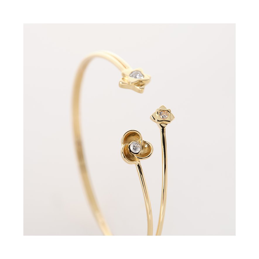 JETTE Armschmuck aus recyceltem, goldfarbenem 925er Silber mit Zirkonia-besetzten Blütenmotiven, im Detail.