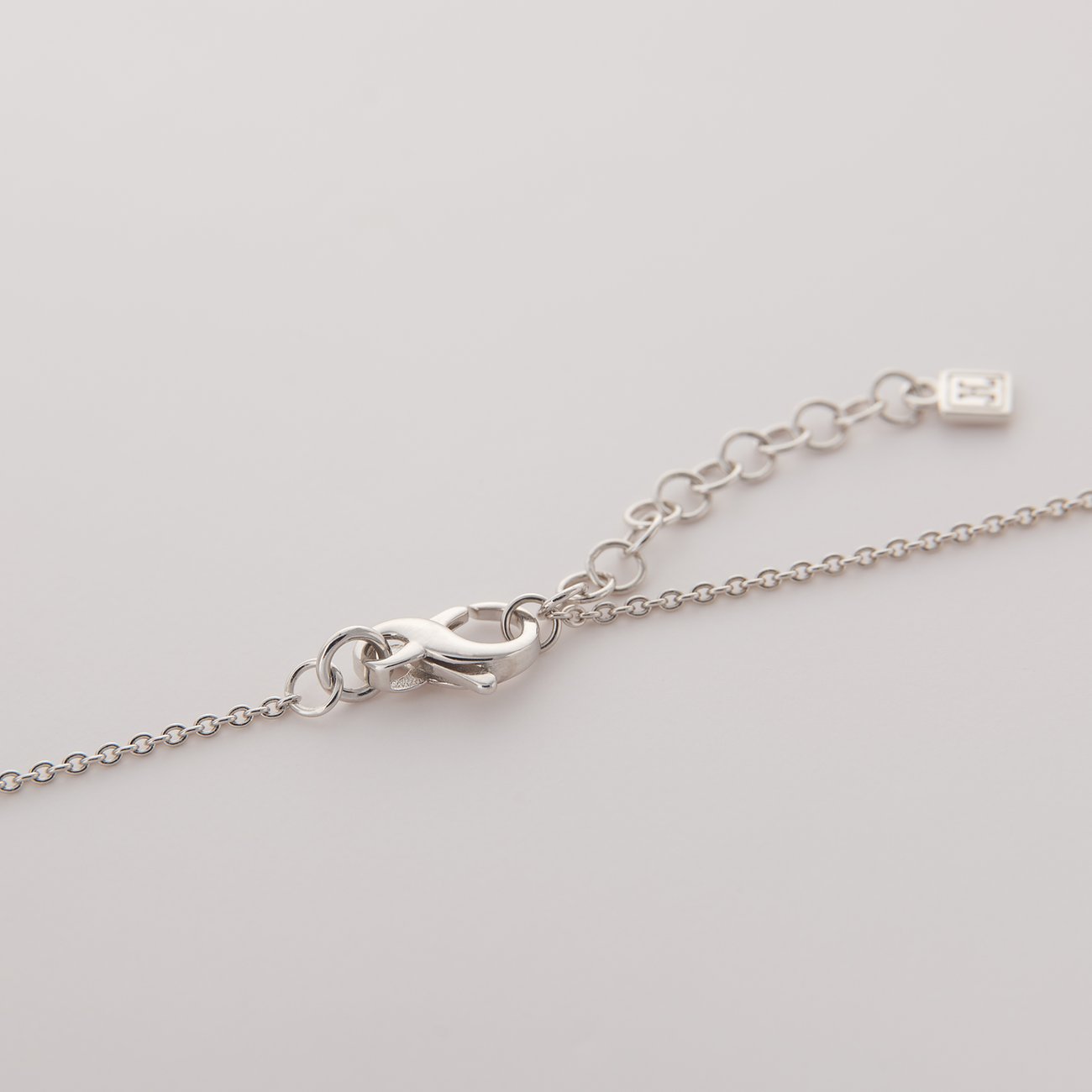 Nahaufnahme des JETTE Halsschmucks aus recyceltem 925er Silber, mit Karabinerverschluss und einer Verlängerung.