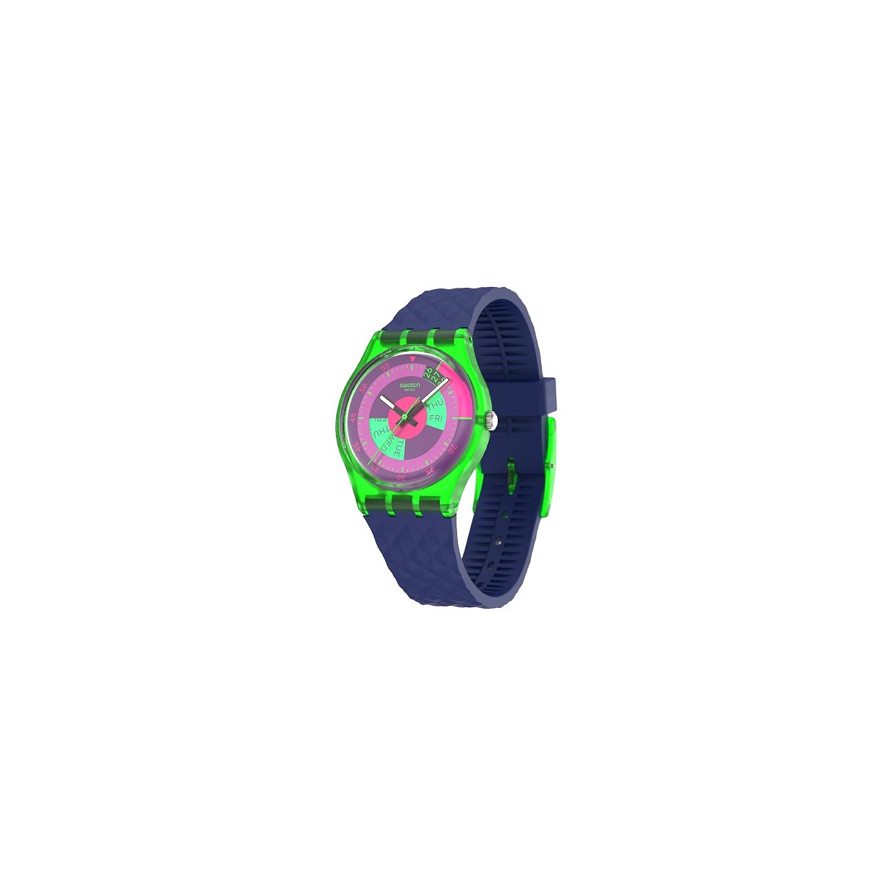 Swatch Unisexuhr aus Kunststoff mit neonfarbenem Zifferblatt und dunkelblauem Armband, leicht schräg von oben aufgenommen.