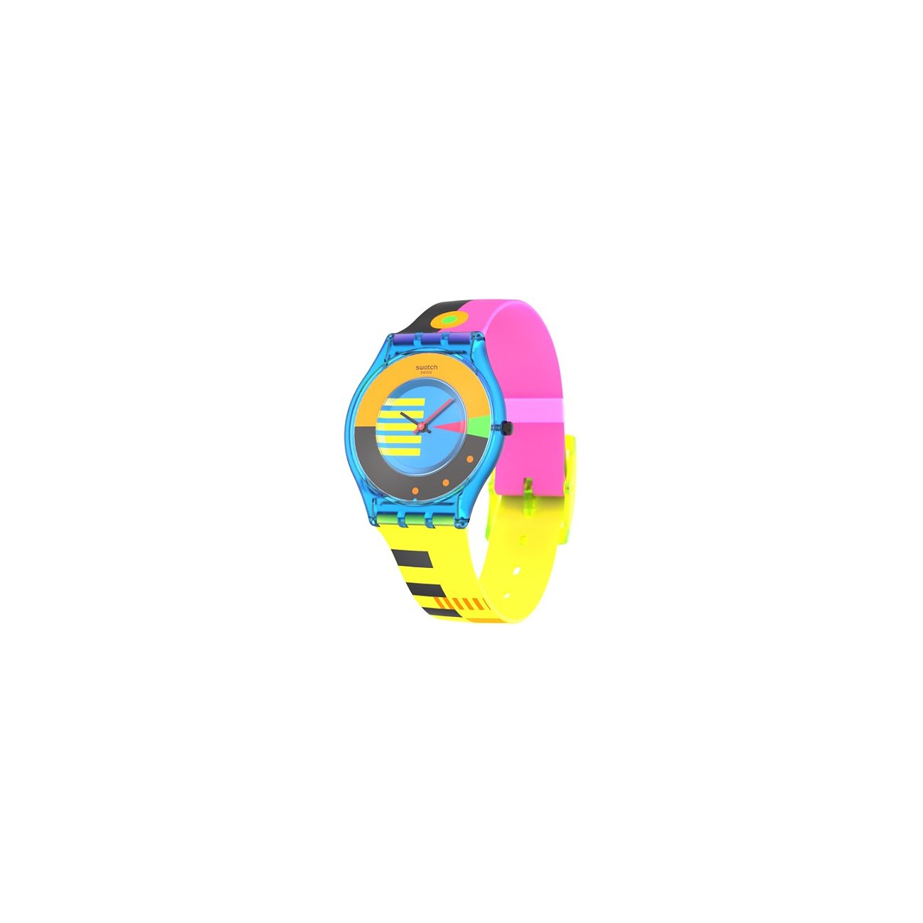 Swatch Unisexuhr aus Kunststoff mit leuchtend gelbem, pinkfarbenem und blauem Zifferblatt und Armband.