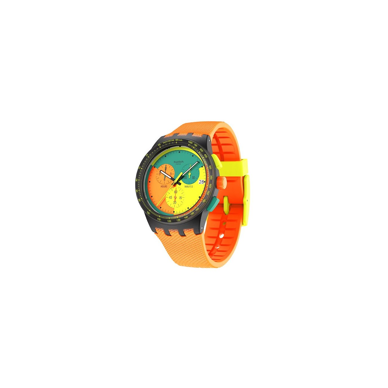 Swatch Unisexuhr aus Kunststoff mit einem bunten Zifferblatt in Grün, Orange und Gelb und einem orangenen Uhrband.