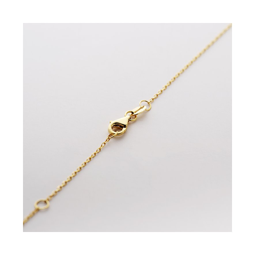 Feingliedrige CHRIST Halsschmuck-Kette aus 585 Gelbgold mit Karabinerverschluss, schräg von oben.