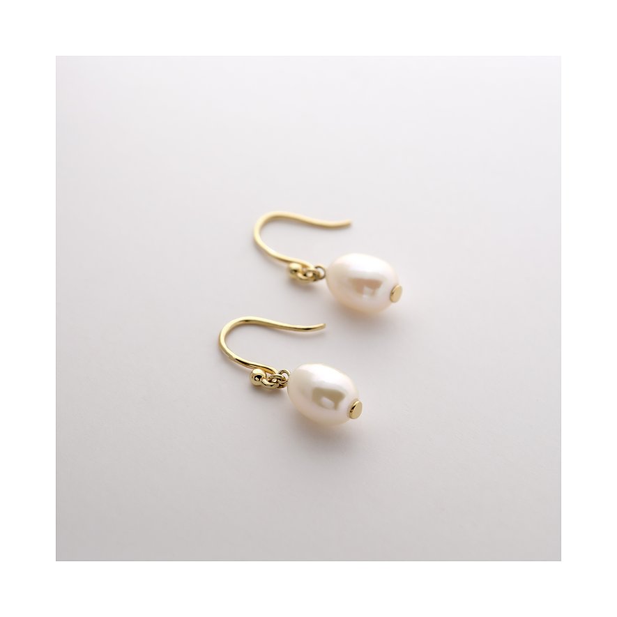 Boucles d'oreilles pendantes CHRIST en or jaune 585 avec perles scintillantes beige clair.