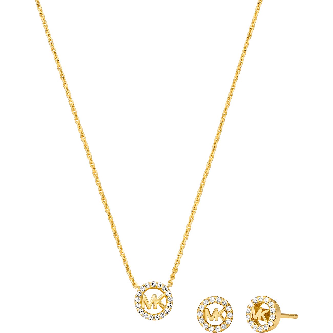 Michael Kors Schmuckset aus goldfarbenem Silber mit Halskette und Ohrsteckern, besetzt mit Zirkonia.