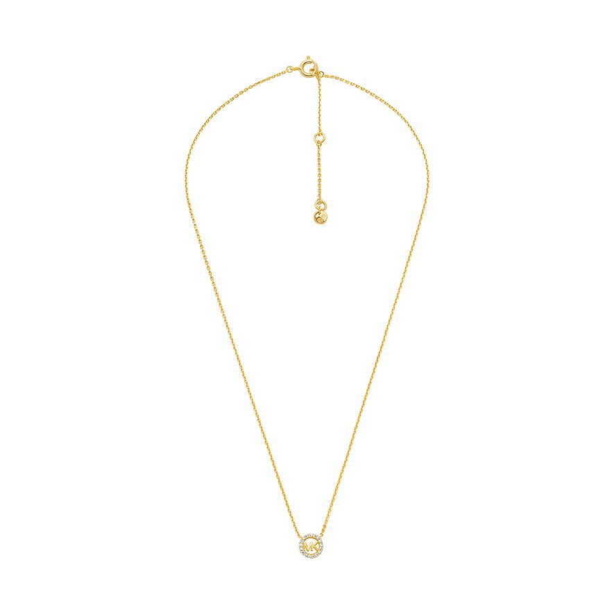 Michael Kors Halskette: vergoldetes Silber, roségoldener Kreisanhänger mit Zirkonia und MK-Logo.