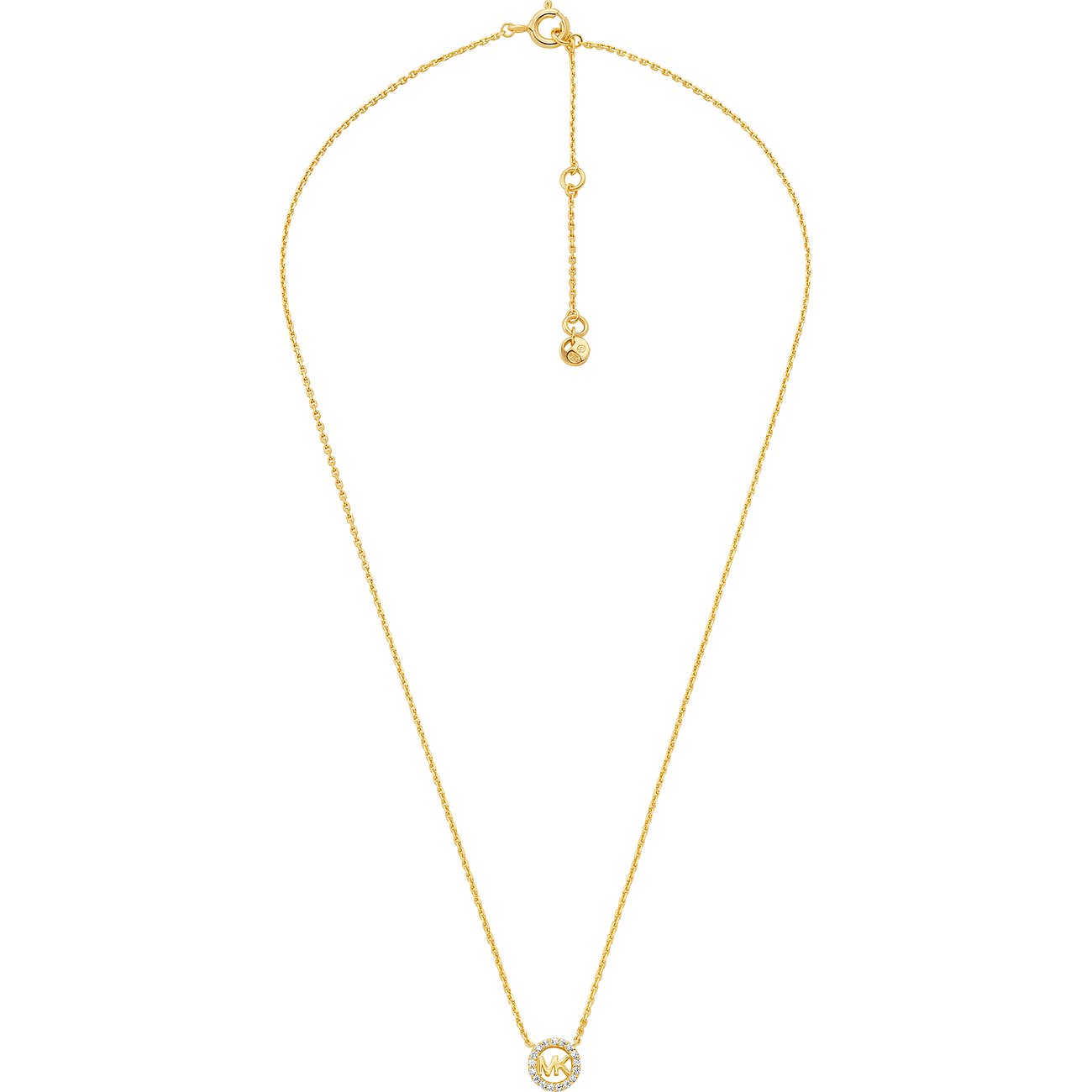 Michael Kors Halskette: vergoldetes Silber, roségoldener Kreisanhänger mit Zirkonia und MK-Logo.