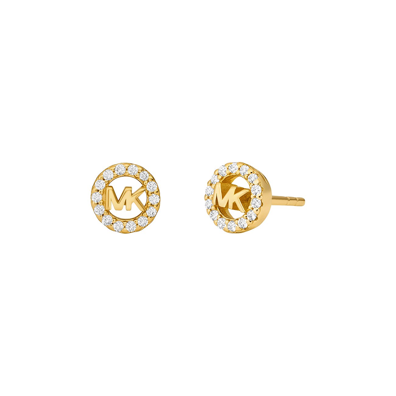 Zwei Michael Kors Ohrstecker aus gelbgoldenem Silber mit Zirkonia. Jeder Ohrring zeigt das „MK“-Logo mit funkelnden Steinen.