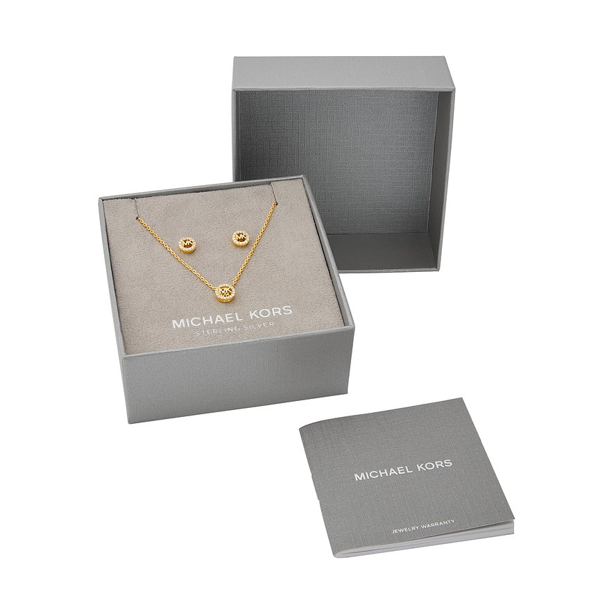 Michael Kors Schmuckset aus goldfarbenem 925er Silber mit Zirkonia, bestehend aus Kette und Ohrsteckern, in Geschenkbox.