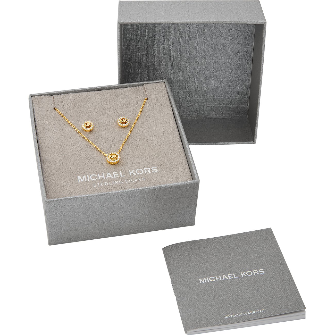 Michael Kors Schmuckset aus goldfarbenem 925er Silber mit Zirkonia, bestehend aus Kette und Ohrsteckern, in Geschenkbox.