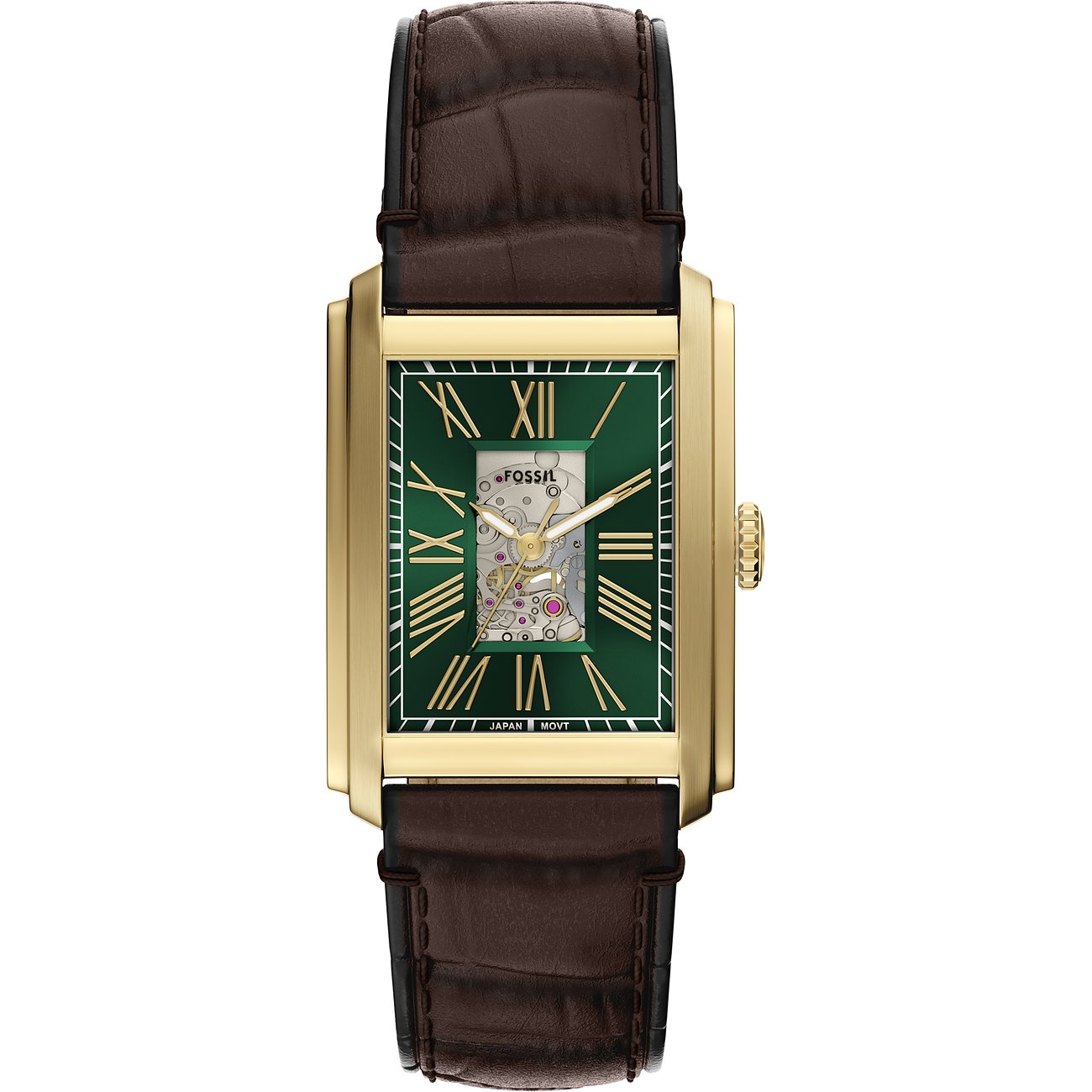 Die Fossil Herrenuhr aus goldfarbenem Edelstahl hat ein grünes Zifferblatt mit römischen Ziffern und braunes Lederarmband.