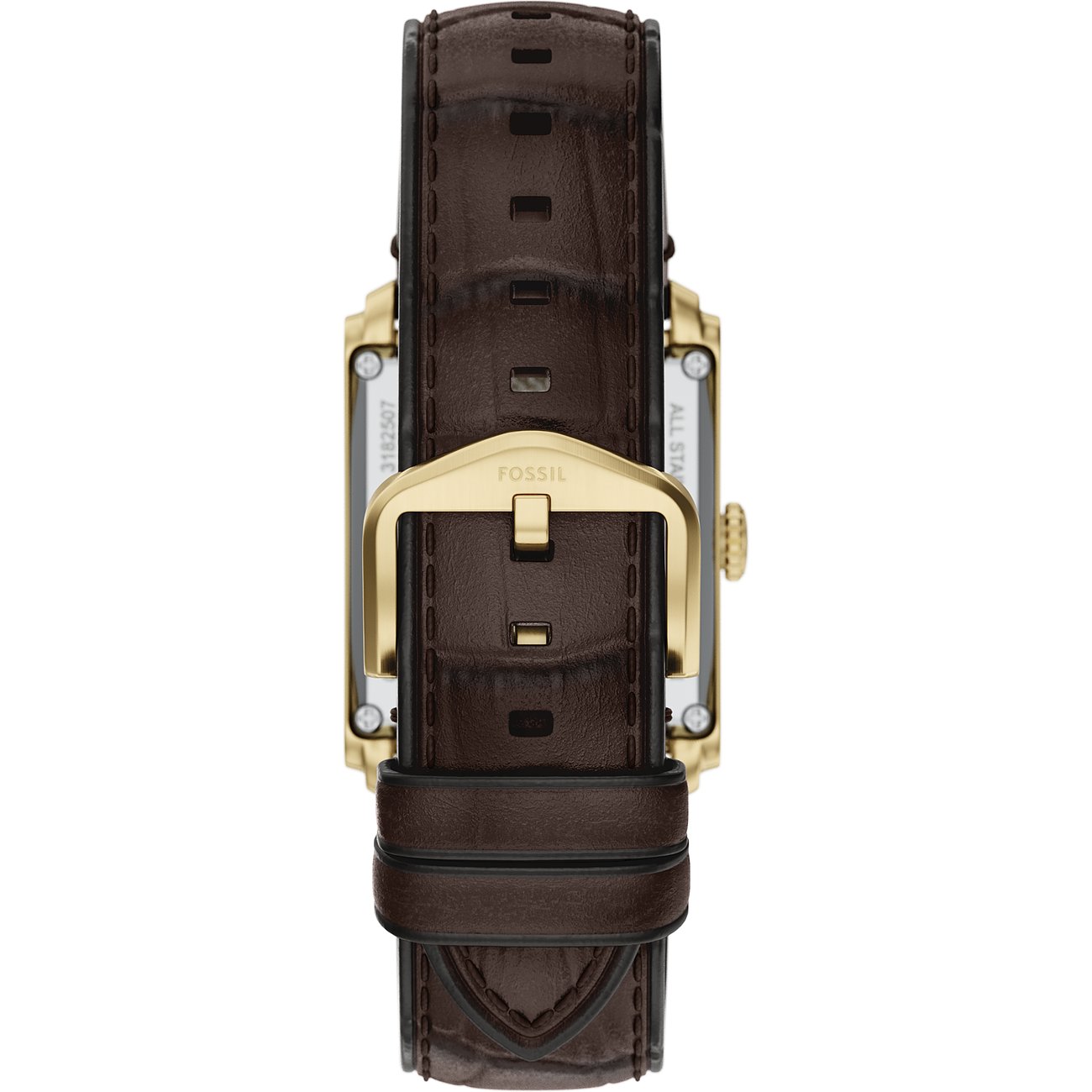 Rückansicht der braunen Fossil Herrenuhr aus Edelstahl mit Dornschließe.