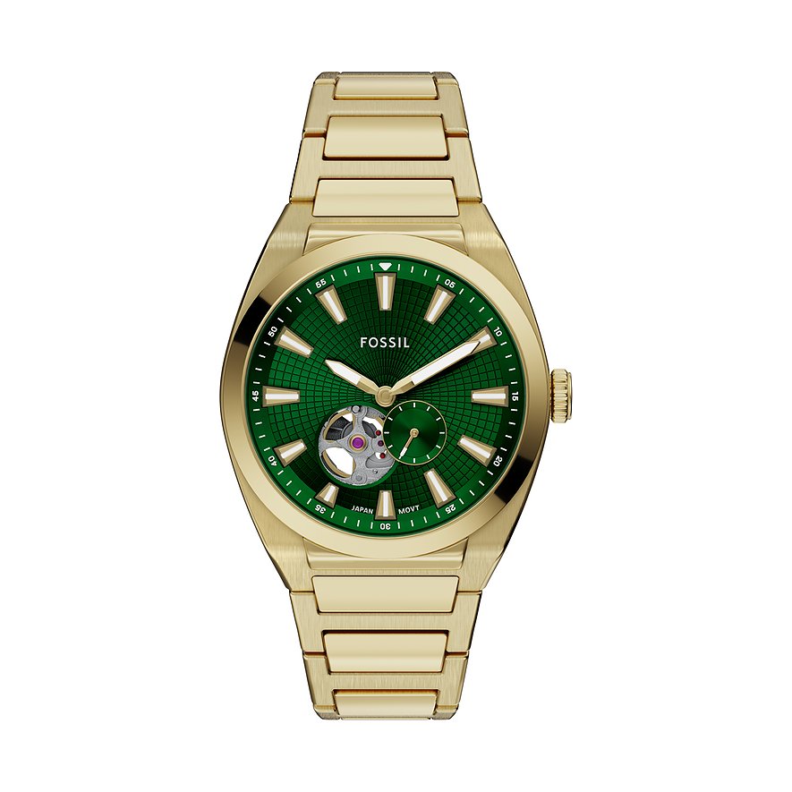 Un orologio da uomo Fossil color oro in acciaio inossidabile, con quadrante verde e movimento a vista.