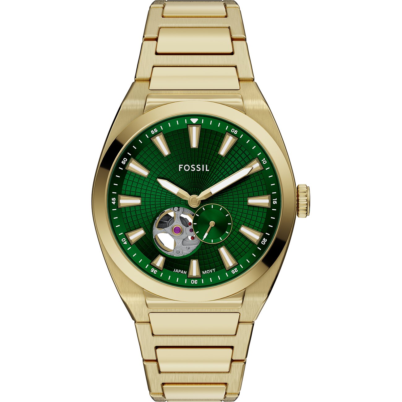 Un orologio da uomo Fossil color oro in acciaio inossidabile, con quadrante verde e movimento a vista.