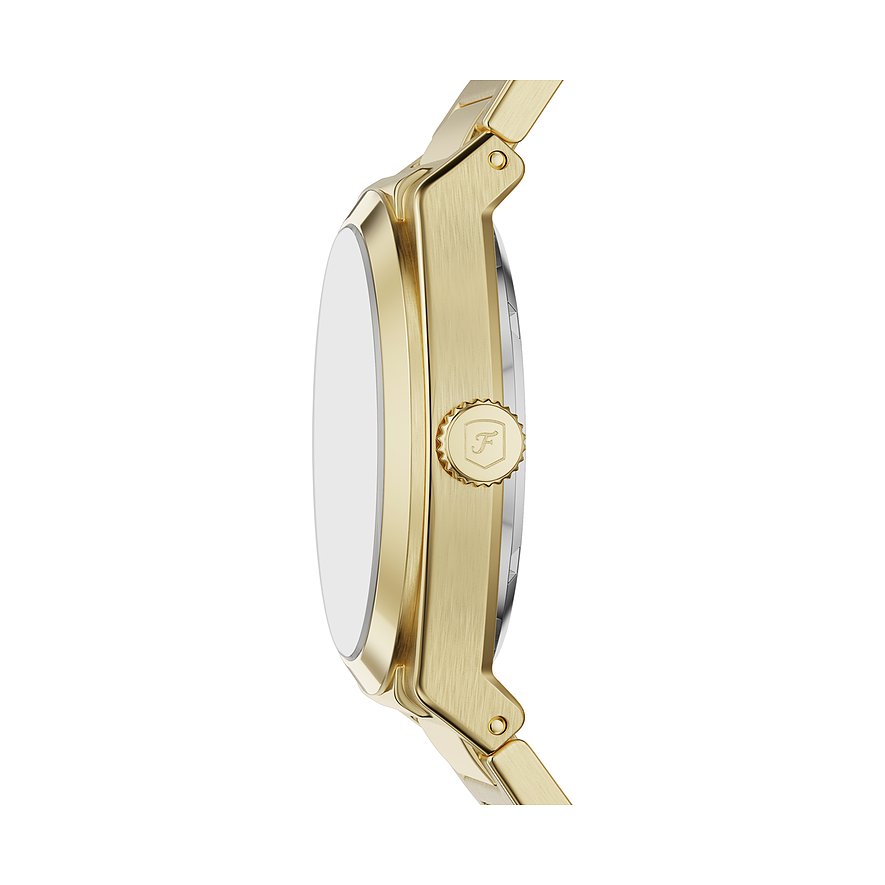 Vista laterale dell'orologio da uomo Fossil dorato in acciaio inossidabile con corona e logo visibili.