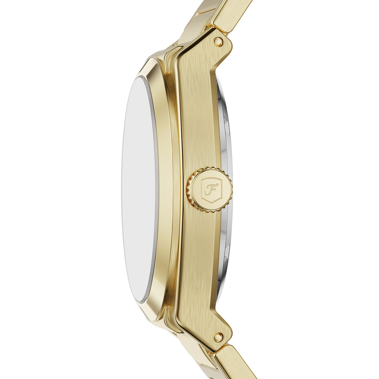 Vista laterale dell'orologio da uomo Fossil dorato in acciaio inossidabile con corona e logo visibili.