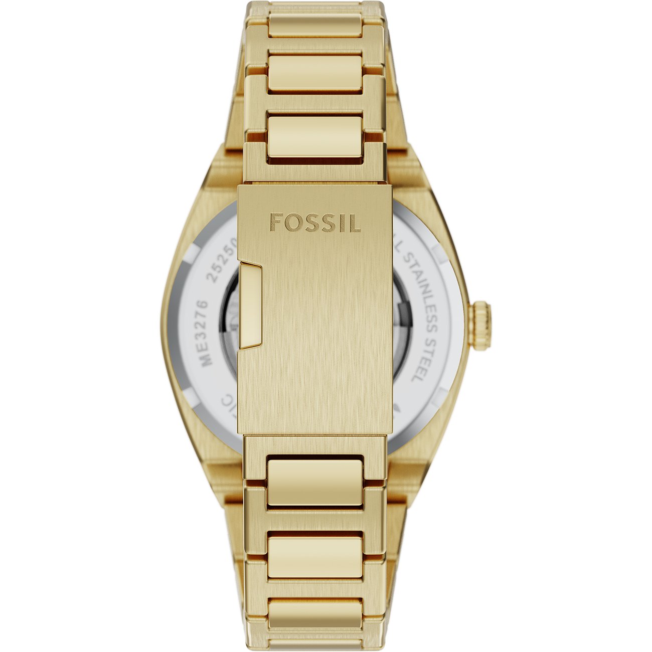 Vista posteriore di un orologio da uomo Fossil in acciaio inox dorato con cinturino e dettagli della chiusura.