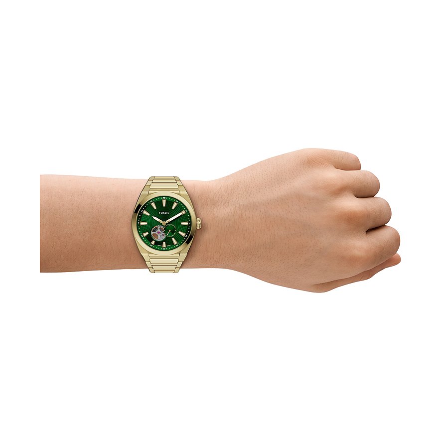 Orologio da polso Fossil da uomo in acciaio inox color oro con quadrante verde e area scheletrata.