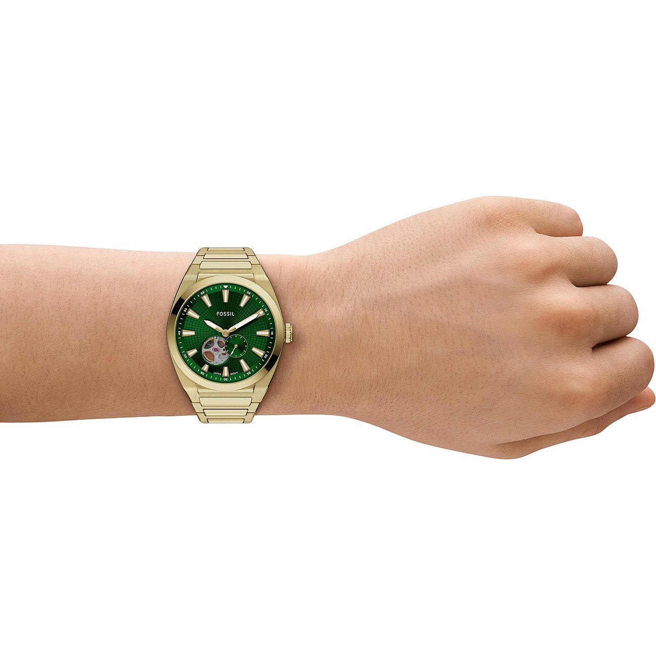 Orologio da polso Fossil da uomo in acciaio inox color oro con quadrante verde e area scheletrata.